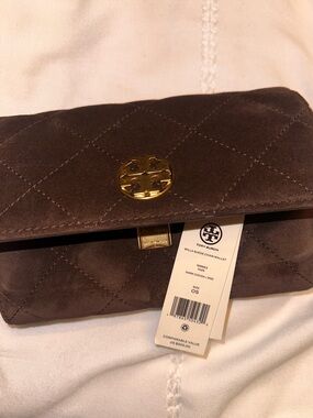 Tory Burch Dark Cocoa Quilted Suede Wallet with Gold Logo